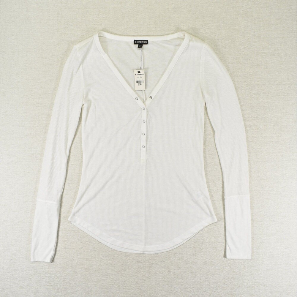 Express Henley Shirt Womens Extra Small XS White Long Sleeve Snap Button NWT Top - Picture 2 of 8